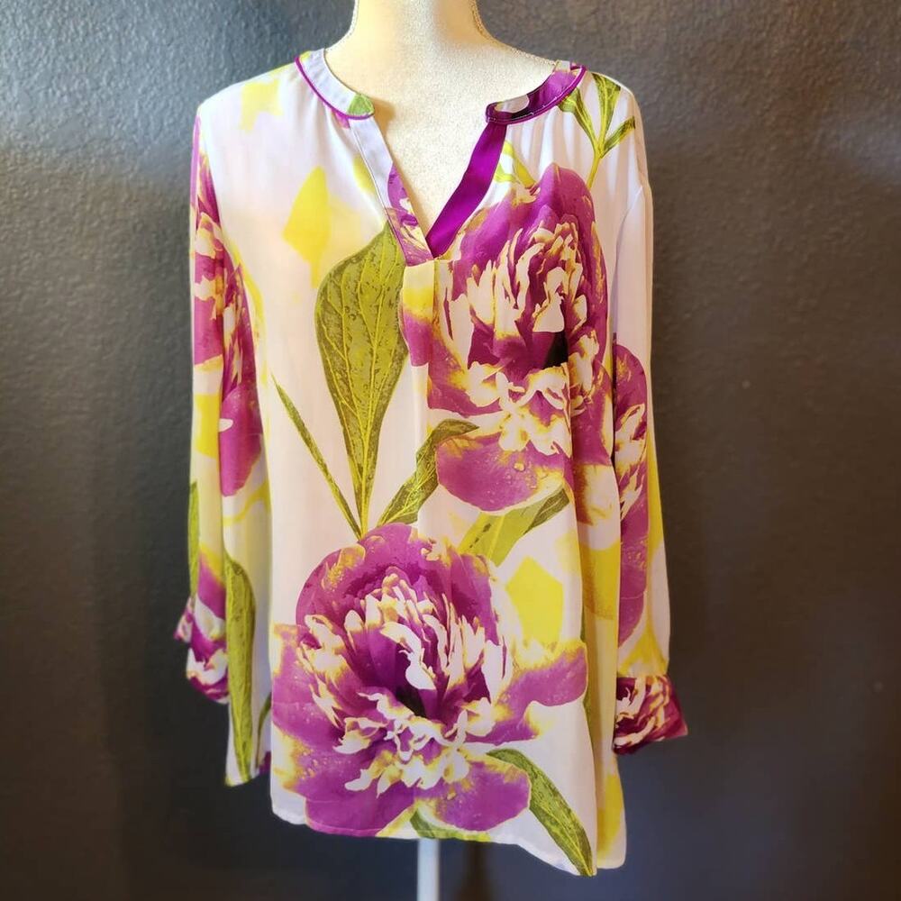 Worthington Women's Long Sleeve VNeck Spring Purple Yellow Floral Blouse Plus 3X